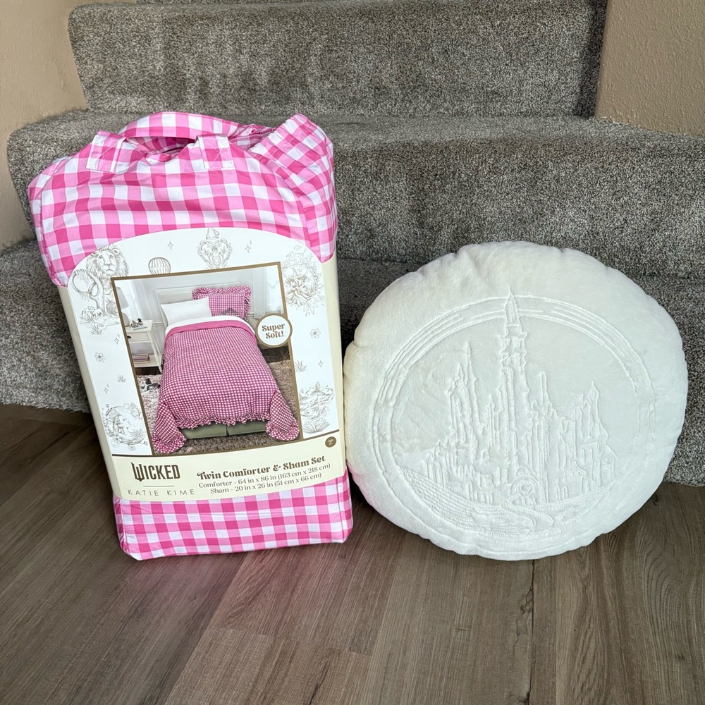 Wicked + Katie Kime Pink Twin Gingham Comforter, Sham, and Throw Pillow